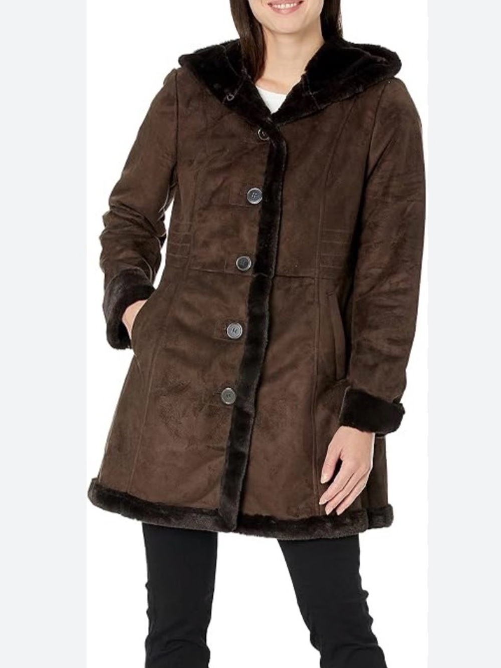 NWT Women's Brown Faux-Suede Warm Coat with Faux-Fur Lining and Trim